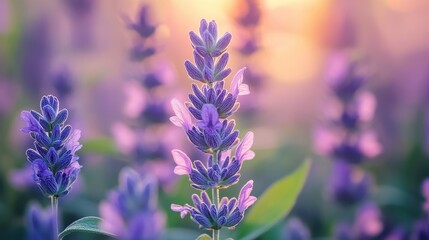 Fototapeta premium Lavender blooms in sunset glow with soft purple hues