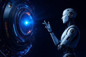 AI generated futuristic robot interacting with a glowing digital energy core in a dark sci-fi environment symbolizing advanced data processing intelligence and high tech communication
