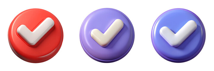 Set For Three glossy check mark icons in red, purple, and blue isolated on transparent background