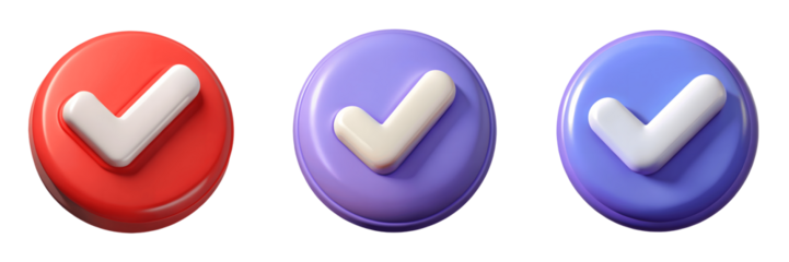 Set For Three glossy check mark icons in red, purple, and blue isolated on transparent background