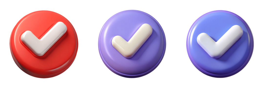 Set For Three glossy check mark icons in red, purple, and blue isolated on transparent background