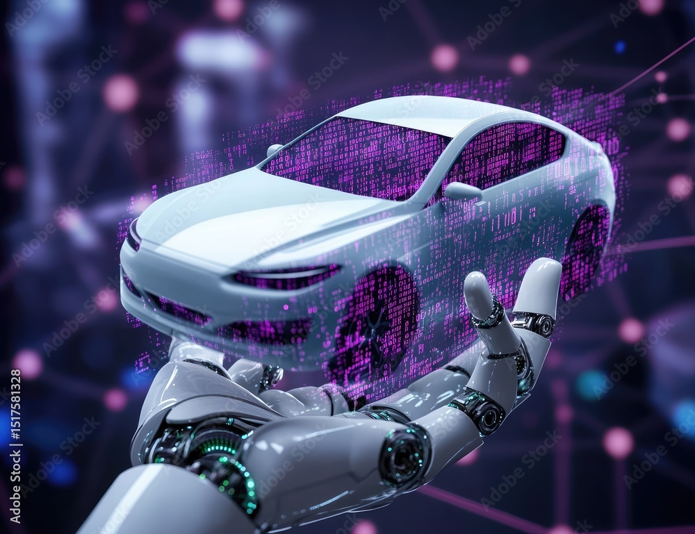 Fototapete A robot hand holding an icon of the silhouette of a car, on a purple background with binary code all over it.