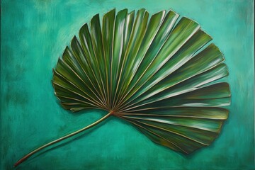Detailed artwork of a vibrant green fan palm leaf.