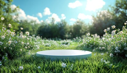 Empty platform amidst a verdant floral meadow.