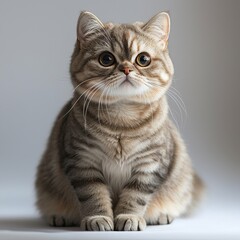 Obraz premium Adorable gray and beige striped kitten with big round eyes sitting on white surface against plain background, cute pet animal photography