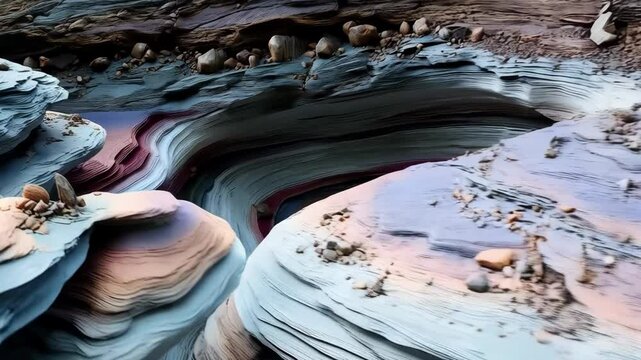 Textured rock strata with colorful bands, layered stones and gravel, unique geological formation with visible sediment layers