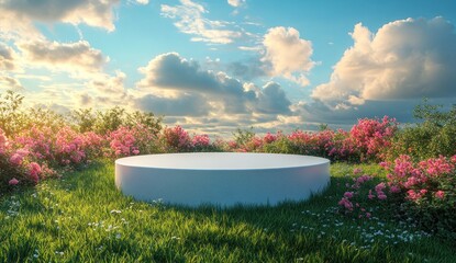 Empty round pedestal in a lush spring landscape.