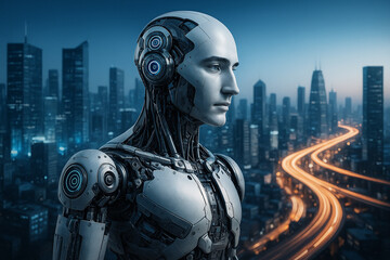 Naklejka premium AI generated futuristic humanoid robot in a high-tech cityscape background with glowing highways symbolizing intelligent technology and urban advancement.