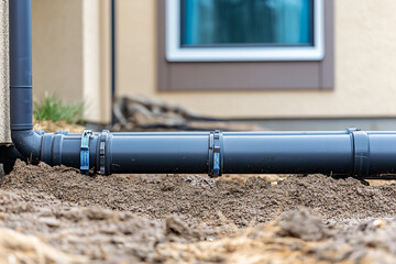 Drainage pipes installed near a house during construction