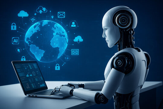 AI generated humanoid robot using a laptop with focus on data processing in front of a glowing digital globe surrounded by icons symbolizing global AI connectivity and modern technology