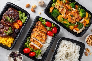 Prepared meals in black containers.  Healthy, balanced lunches or dinners
