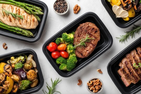Assorted meal prep containers, featuring grilled meats, vegetables, and healthy sides