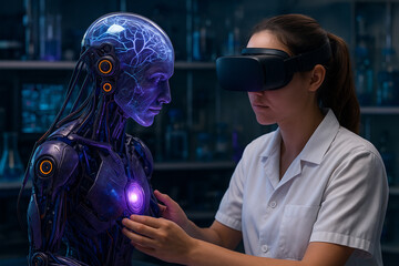 AI generated image of a teenage girl in VR headset working with a humanoid robot in a futuristic lab showing curiosity innovation and technology integration