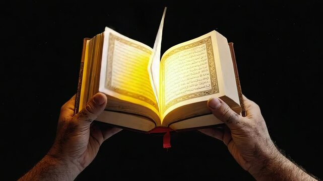 Solemn hands holding an open Quran with a soft glowing light, symbolizing faith and wisdom. Perfect for religion, spirituality, prayer, and knowledge concepts.