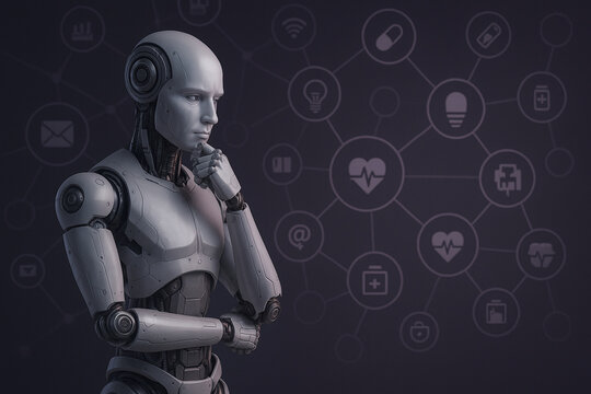 AI generated humanoid robot in a thinking pose surrounded by a digital network of connected icons representing data analysis artificial intelligence and industry applications - Powered by Adobe