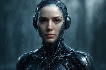 AI generated image of a female android in the rain with mechanical circuits and human facial features blending seamlessly in a futuristic and emotional atmosphere