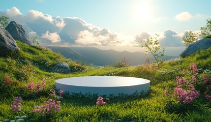 Empty round pedestal on a grassy mountaintop landscape.