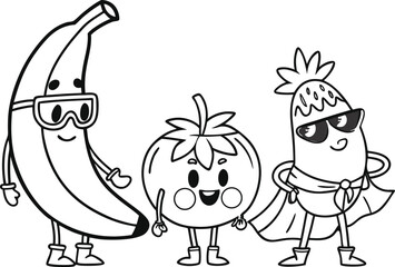 Funny vector drawing of a cartoon chef, a banana, and a man with a sword, perfect for a child's coloring book