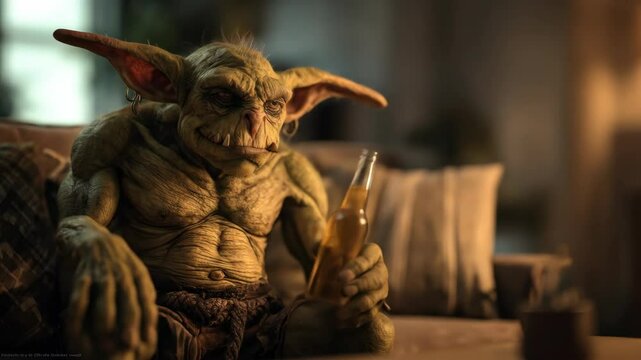 Fantasy goblin creature relaxing on a cozy armchair in a warmly lit living room, showcasing detailed textures and a whimsical, imaginative atmosphere perfect for fantasy storytelling