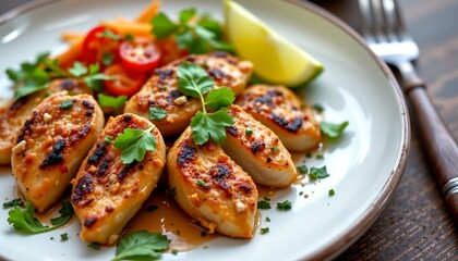 modern thai food styling with grilled chicken and herb garnish on white plate, no text