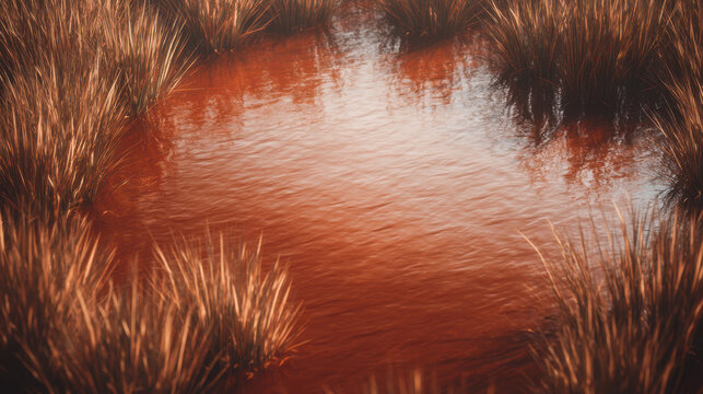 Contaminated pond with oily shimmer surrounded by grass hazardous environment polluted water environmental damage toxic liquid