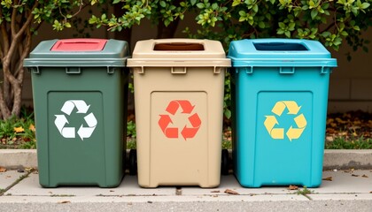 paper, plastic, and metal recycling bins with correct color codes, outdoor clean setting, no text