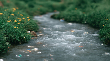 Fototapeta premium Image shows small, flowing stream surrounded by green grass and yellow flowers, with visible trash and plastic debris floating