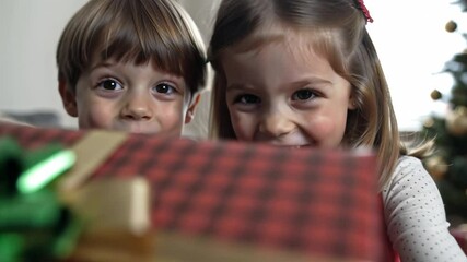 happy little girl and boy opening gift box in festive room, christmas - Powered by Adobe
