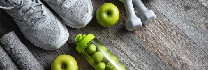 Fitness gear and healthy snacks on a wooden surface (3)