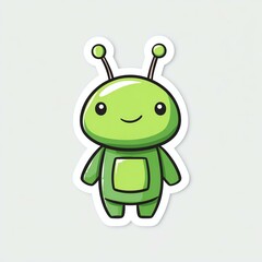 Cute Green Alien: A cheerful, cartoonish green alien with big eyes and antennae smiles gently. This adorable illustration is perfect for kids' projects, stickers.