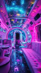 Space-themed futuristic celebration aboard a luxury spaceship, featuring a transparent dome revealing a starry cosmos, advanced entertainment systems, and vibrant neon accents