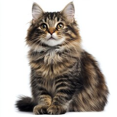 Obraz premium Adorable long-haired striped tabby kitten with expressive eyes sitting on white background showcasing feline cuteness and natural beauty in a studio shot