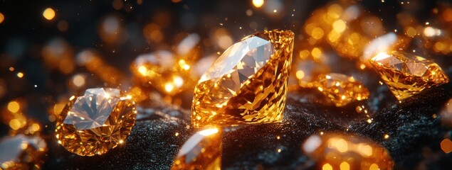 Sparkling golden gems on dark stone background