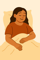 llustration of a woman peacefully sleeping in bed, symbolizing rest, selfcare, and the importance of sleep for mental and physical health.