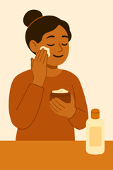 Illustration of a woman applying face cream as part of her skincare routine. Concept of self care, wellness, and personal hygiene.