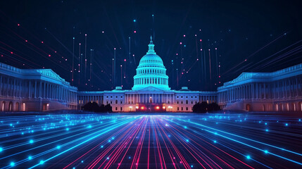U.S. Capitol Surrounded by Glowing Digital Grid and Data Streams – Symbolic Visualization of Cyber Politics, AI Governance, Big Data, and the Technological Evolution of American Democracy

