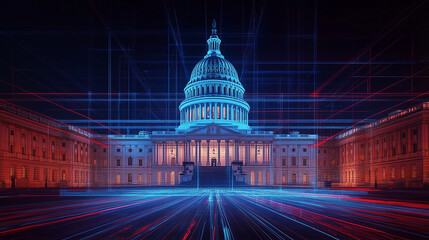 Digital Grid Overlay on the U.S. Capitol – Symbolic Illustration of Technological Transformation, Cyber Governance, AI-Driven Politics, and the Future of Democracy in a Connected World

