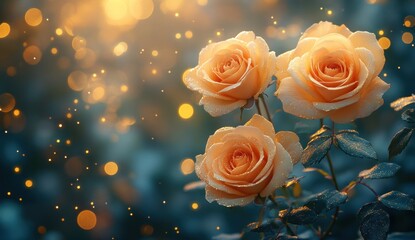Softly lit, peachy roses bloom in a magical garden.