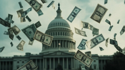 Surreal Image of U.S. Capitol with Money Falling from the Sky &ndash; Symbolic Depiction of Government Spending, Corruption, Politics, Lobbying, and Financial Influence in American Democracy

