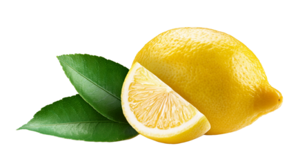 Fresh lemons with leaves, cut in half, and vibrant yellow color.