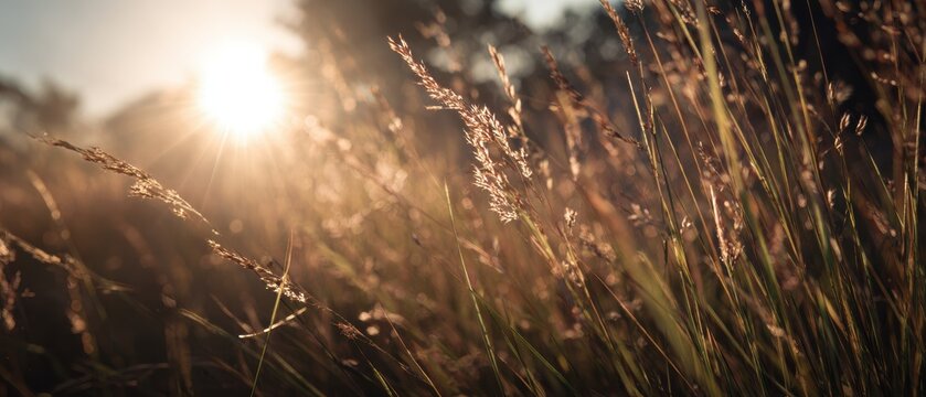 Backlit grassland with cinematic starburst bokeh and volumetric light shafts, dramatic lens flares for film poster designs and gaming backgrounds.