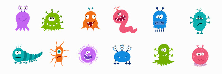 Cute cartoon bacteria, virus, germ or alien emoticon character set.