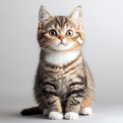 Obraz premium Adorable curious tabby kitten with expressive eyes sitting on plain light gray background in a detailed close-up portrait showcasing fluffy fur and playful personality