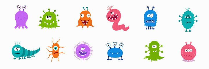 Cute cartoon bacteria, virus, germ or alien emoticon character set. © alenaohneva
