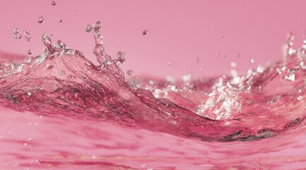 Close-up of pink liquid with dynamic splashes and ripples, showcasing texture and translucency against a blurred pink background