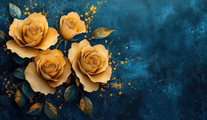 Three golden roses on a teal textured background.