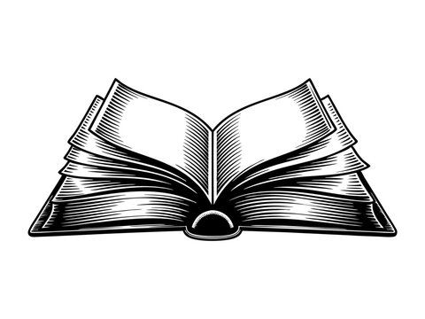 Open book vintage woodcut style vector illustration