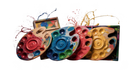 Multiple wooden palettes splattered with various colors of paint, along with a paintbox and dynamic paint splashes, create a vibrant scene of artistic expression against a transparent background