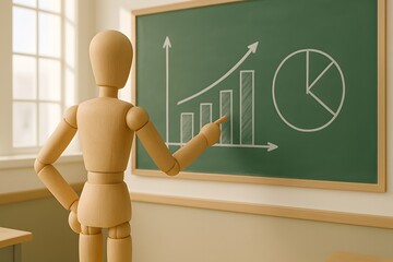 Wooden mannequin presenting growth chart and pie chart on board