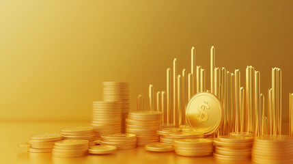 Graph showing growth of gold coins on a golden background representing finance and wealth